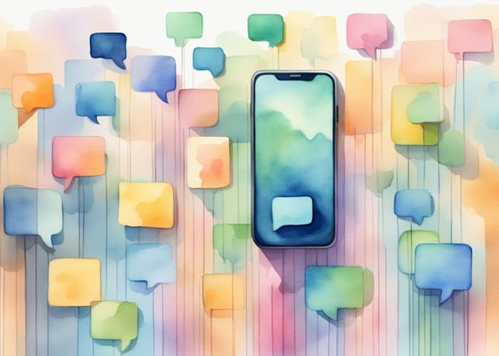 watercolor image of cell phone with social media messages